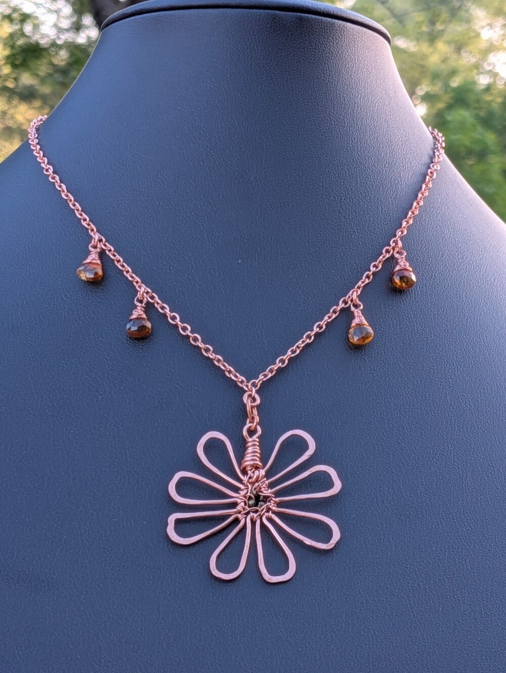 Adjustable Copper Flower Necklace Rare Cognac Quartz Gemstone Drops - Picture 14 of 16